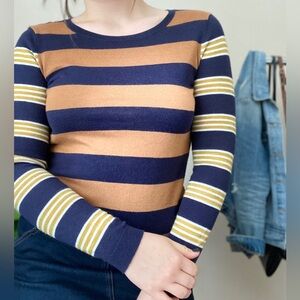 LOFT Navy and Gold Striped Long Sleeve Top